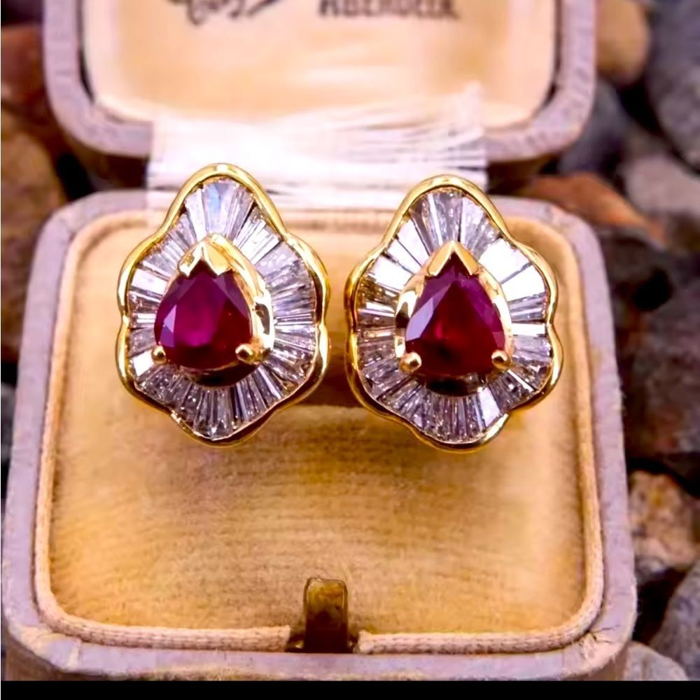Gold Ruby Cubic Zirconia Diamond Earrings New in Gift Box Large 1.5 inch’s